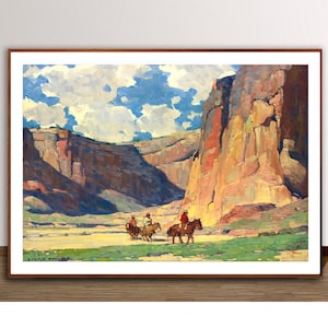Indios cabalgando por el cañón de Chelly de Edgar Alwin Payne, impresión de bellas artes, póster americano antiguo, obra de arte del lejano oeste, decoración de pared de indios