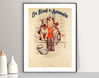 Sii gentile con gli animali, poster vintage: stampa artistica retrò di cani e gatti