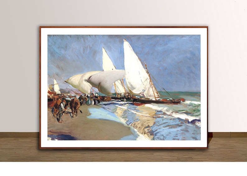 May include: A painting of a seascape with three white sailboats in the water. The boats are sailing towards the shore, which is a sandy beach with blue waves crashing on it. The sky is a light blue with some clouds.