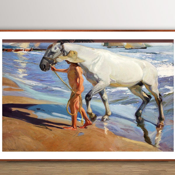 El Bano del Caballo de Joaquin Sorolla y Bastida, affiche d'art, oeuvre impressionniste, cadeau d'amoureux des animaux, peinture de cheval, impression de bord de mer