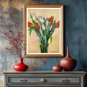 Jarrón de tulipanes de Claude Monet, impresión de bellas artes, póster impresionista, arte mural botánico, obras de arte de flores, pintura de naturaleza muerta