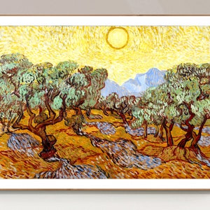 Olive Trees with Yellow Sky and Sun  by Vincent Van Gogh Fine Art Print - Landscape Art, Impressionist Art, Gift Ideas