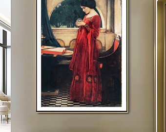 May include: A painting of a woman in a red dress holding a crystal ball. She is standing in a room with a window and a book on a table. The painting is in a gold frame.