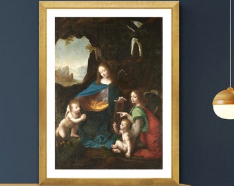 May include: A painting of the Madonna and Child with two angels. The Madonna is wearing a blue robe and holding the baby Jesus. The angels are flanking the Madonna and Child, one on each side. The painting is set against a dark background with a cave in the background.