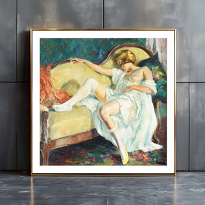 Tired Lady Sleeping on Green Sofa by Edward Cucuel Fine Art Print - Genre Panting, Impressionist Art, Bedroom Wall Art