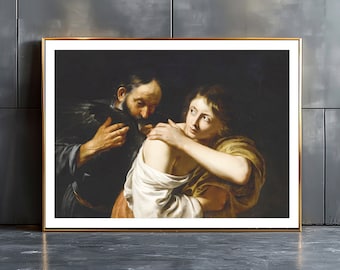 May include: A painting of two people, a man and a woman, in a dark setting. The man is wearing a dark robe and has a beard. The woman is wearing a white dress and a yellow shawl. The man is looking at the woman, and the woman is looking at the viewer.