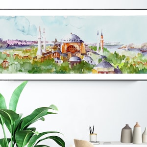 Panoramic Hagia Sophia, Istanbul, Turkey  Watercolor (Aquarell)Painting by Faruk Koksal -  Poster Paper or Canvas Print / Gift Idea