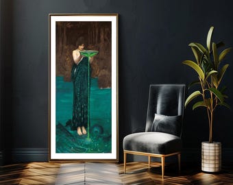May include: A painting of a woman in a long green dress holding a bowl with a green liquid pouring out of it. The woman is standing in a body of water with a dark green background.