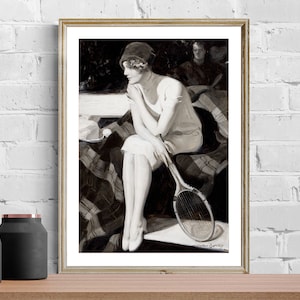 The Tennis Player  Vintage Tennis Poster - Black and White Painting, Tennis Lovers