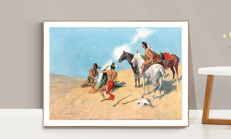 May include: A painting depicting four Native American men in a desert landscape. Two men are on horseback, while two others are sitting on the ground near a small fire. The painting is done in a realistic style and features a muted colour palette.