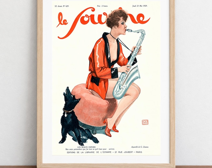 Featured listing image: A Duet with my Dog Vintage Saxsophone Wall Art; Le Sourier Magazine Cover