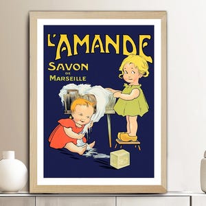Poster vintage di L&#39;Amande Savon de Marsiglia: Pubblicità di sapone retrò