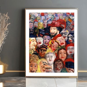 Self Portrait with Masks by James Ensor Fine Art Print - Symbolist Art Print, Grotesque Masks, Carnival of Faces, Fantasy Wall Art
