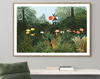 Jungle with Setting Sun by Henri Rousseau, Fine Art Poster, Forest Artwork, Summer Wall Art, Exotic Painting, Tropical Wall Décor