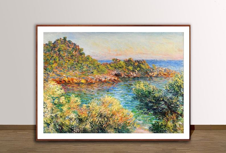 May include: A painting of a seascape with a rocky coastline and lush green trees. The water is a vibrant blue and green, and the sky is a soft pink and orange. The painting is framed in a simple wooden frame.