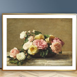 Rosas en un cuenco de Henri Fantin Latour Impresión de bellas artes - Pintura botánica / Cartel de bodegones / Idea de regalo / Decoración de pared