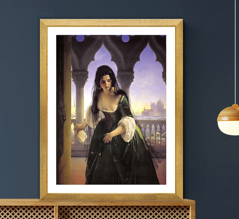 May include: A painting of a woman in a green dress standing in a doorway. She is looking down and holding a piece of paper. The background is a cityscape with a church in the distance.