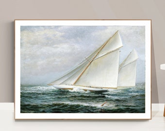 May include: A painting of two sailboats racing on a choppy sea. The sky is cloudy and the water is a deep blue. The sailboats are white with brown masts and sails. The painting is framed in a light wood frame.