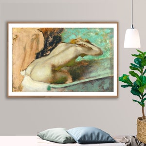 Donna seduta sul bordo della vasca da bagno con spugnature al collo di Edgar Degas Fine Art Print - Carta poster o stampa su tela