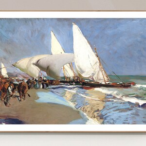 May include: A painting of a seascape with three sailboats in the water. The boats are white with brown hulls and are sailing towards the shore. The water is blue and green and there are waves crashing on the beach. The sky is blue and there are clouds in the distance.