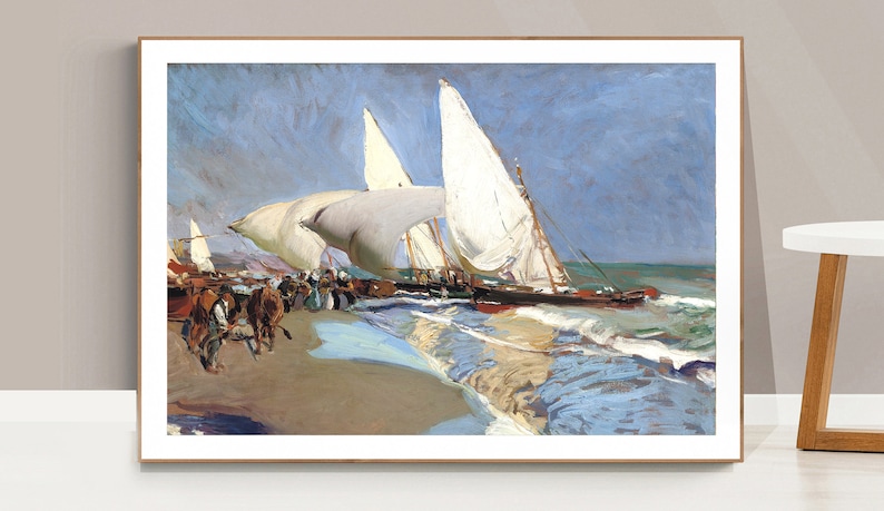 May include: A painting of a seascape with three sailboats in the water. The boats are white with brown hulls and are sailing towards the shore. The water is blue and green and there are waves crashing on the beach. The sky is blue and there are clouds in the distance.