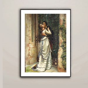 May include: Framed print of a romantic scene. A man and woman embrace in front of a wrought iron gate. The woman wears a white dress with blue accents. The artwork has a vintage aesthetic with muted colors and a classical style.