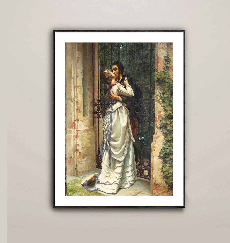 May include: Framed print of a romantic scene. A man and woman embrace in front of a wrought iron gate. The woman wears a white dress with blue accents. The artwork has a vintage aesthetic with muted colors and a classical style.