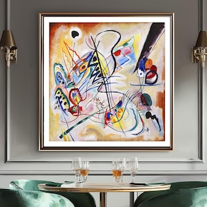 May include: Abstract painting with colorful lines and shapes on a white background. The painting is framed in a simple black frame.