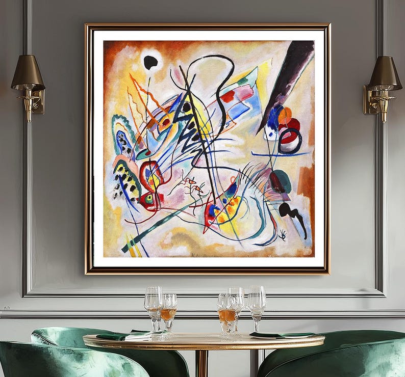 May include: Abstract painting with colorful lines and shapes on a white background. The painting is framed in a simple black frame.