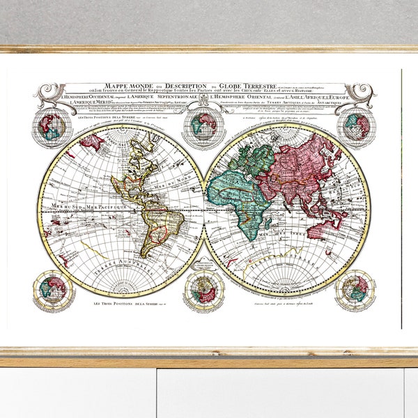 Mappe Monde, The World Map  by Hendrik de Leth, 1740 Fine Art Poster - Poster Paper or Canvas Print / Gift Idea / Wall Decor