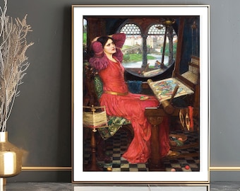 May include: A painting of a woman in a red dress sitting on a chair and looking out a window. She is holding a piece of fabric in her hand. The painting is set in a room with a tapestry on the wall and a window with a view of a city.