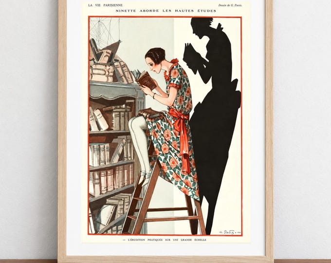 Featured listing image: Vintage Parisian Reader on a Library Ladder, La Vie Parisienne  Vintage Magazine Cover Poster: Fashion Print