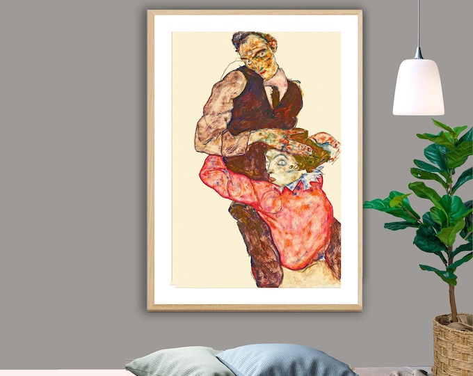 Featured listing image: Egon Schiele Lovers Print: Figurative Art, Romantic Home Decor