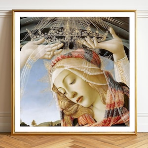 The Madonna of the Magnificat, Detail of the Virgin&#39;s Face and Crown by Sandro Botticelli Fine Art Print - Botticelli Religious Art