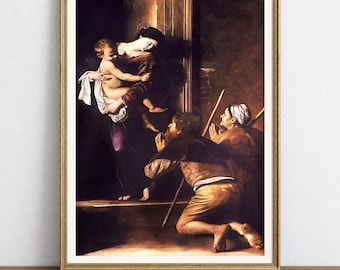 May include: A framed art print featuring a dark, high-contrast oil painting of a woman holding a child, with two figures kneeling before them. The scene uses deep shadows and warm highlights to depict the figures in historical clothing.
