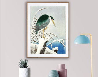Vintage Japanese Art Art Reproduction Heron In Snow by Ohara Koson #402 Vintage Prints Black Fine Art Print White