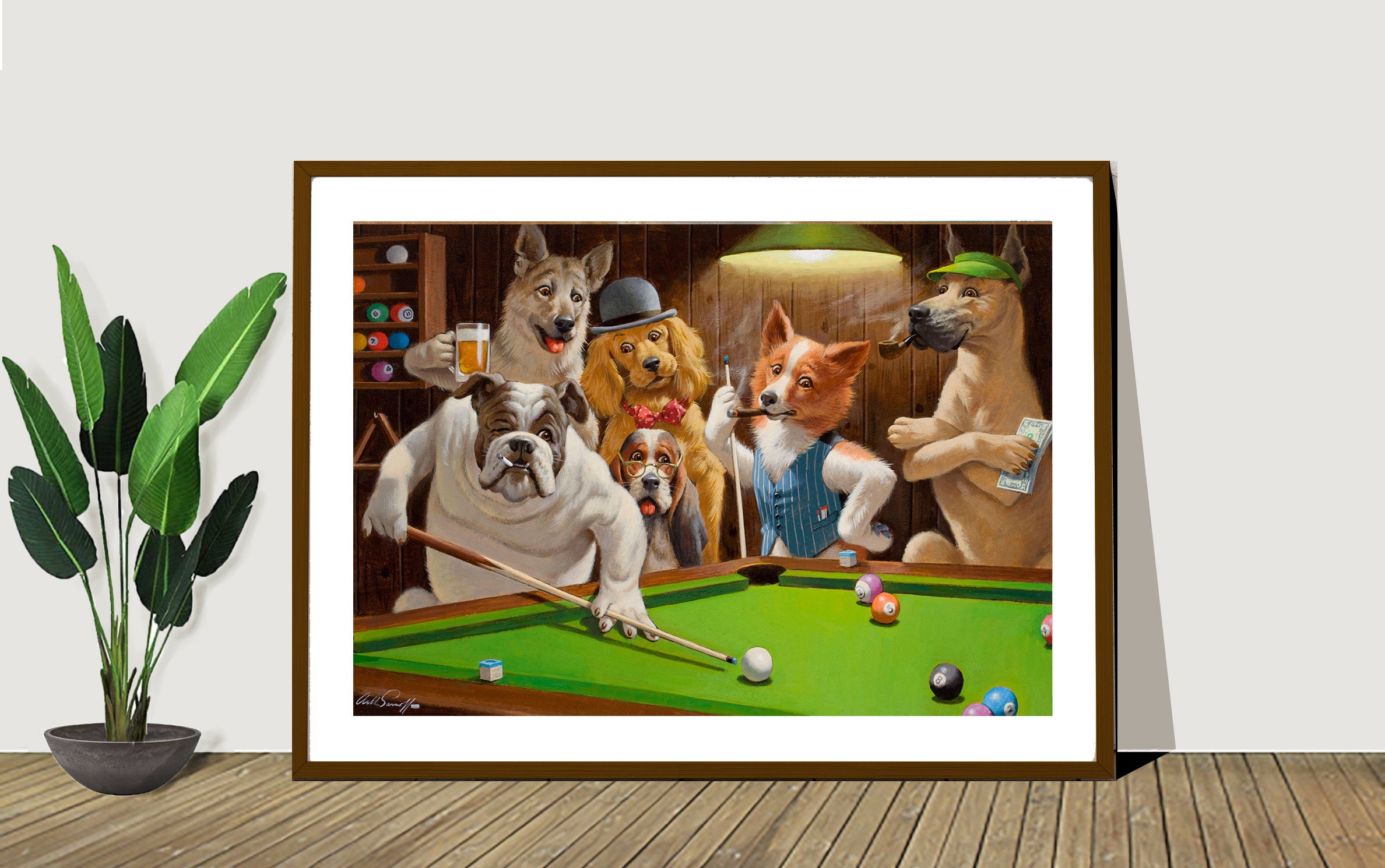 dogs playing pool canvas art