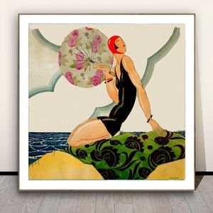 Bañista de Rene Vincent, cartel vintage, arte de pared de moda, impresión de mujer francesa, decoración de pared retro, arte decorativo, impresión digital