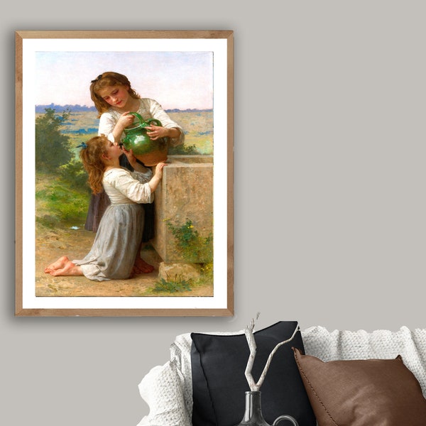 At the Fountain by William Adolphe Bouguereau, Fine Art Print, Realist Painting, Sisters Poster, Figurative Wall Art, Young Woman Print