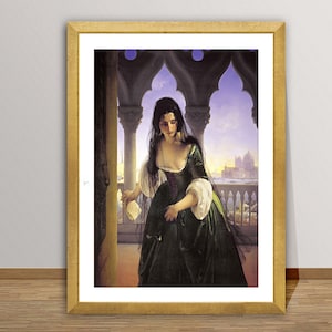 May include: A woman in a green dress and black veil stands on a balcony overlooking a city. She is holding a letter in her hand and looks sad. The city is in the background and the sky is a light purple.
