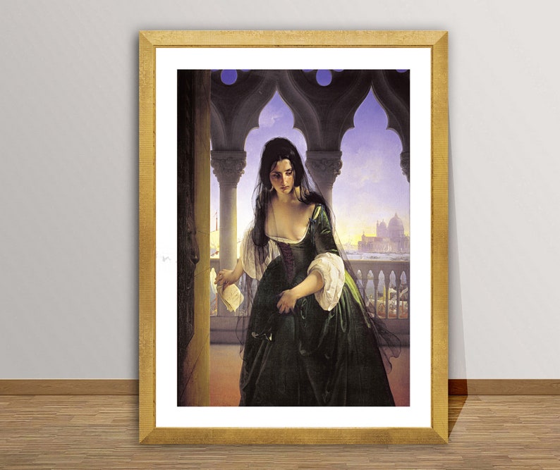 May include: A woman in a green dress and black veil stands on a balcony overlooking a city. She is holding a letter in her hand and looks sad. The city is in the background and the sky is a light purple.