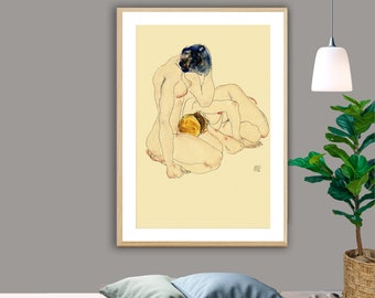 May include: A black and white line drawing of three nude figures in a seated pose. The figures are drawn in a stylized manner, with elongated limbs and simplified features. The drawing is on a cream-colored background.