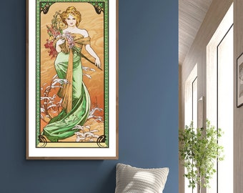 May include: A vintage art nouveau poster featuring a woman in a flowing green dress holding a bouquet of flowers. The background is a stylized landscape with a golden sky.