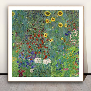 グスタフ・クリムト作「ひまわりのある農場の庭」ファインアートプリント - クリムトの風景画、植物装飾