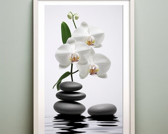 Weiße Orchidee Print: Zen Stein Fine Art, Modernes Badezimmer Dekor