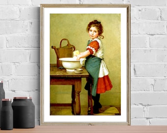 George Dunlop Leslie Art Print: Girl Washing Clothes, Vintage Fine Art