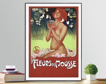 Cartel vintage de Fleurs de Mousse: decoración publicitaria Art Nouveau
