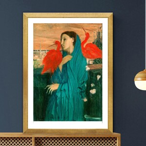 Young Woman with Ibis" by Edgar Degas is a striking and mysterious work that reflects Degas’ early interest in Orientalism and Symbolist themes. Painted around 1857–1858, the artwork shows a graceful young woman in an exotic setting, standing near a red ibis — a bird often associated with sacred or mystical symbolism.