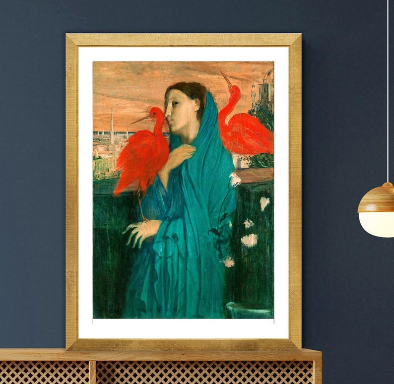 Young Woman with Ibis" by Edgar Degas is a striking and mysterious work that reflects Degas’ early interest in Orientalism and Symbolist themes. Painted around 1857–1858, the artwork shows a graceful young woman in an exotic setting, standing near a red ibis — a bird often associated with sacred or mystical symbolism.