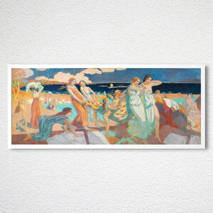 May include: A painting depicting a group of people on a beach. The figures are dressed in colourful clothing and are standing in a line. The beach is sandy and there is a blue sea in the background.